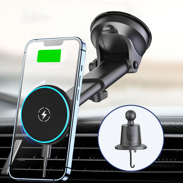 3-in-1 Magnetic Car Phone Mount Wireless Charger 15W Fast Charging with MagSafe Hook Anti-Slip Design for iPhone Samsung Dashboard Windshield Air Vent​ - Image 2