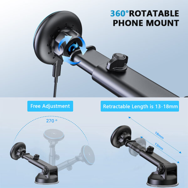 3-in-1 Magnetic Car Phone Mount Wireless Charger 15W Fast Charging with MagSafe Hook Anti-Slip Design for iPhone Samsung Dashboard Windshield Air Vent​ - Image 5