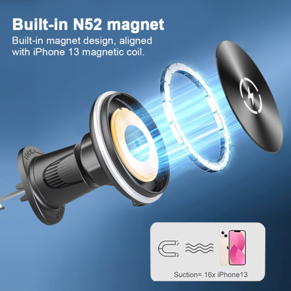 Magnetic Wireless Car Charger 15W Fast Charging 360° Adjustable Mount Built-in iPhone Magnet Stable for Bumpy Roads Air Vent Dashboard Holder​ - Image 5