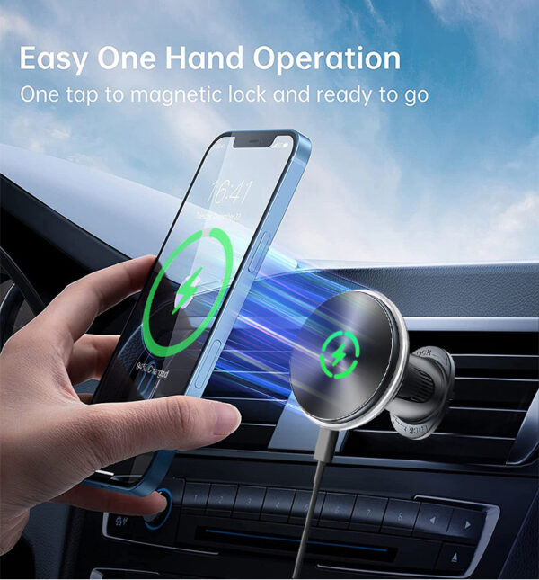 Magnetic Wireless Car Charger 15W Fast Charging 360° Adjustable Mount Built-in iPhone Magnet Stable for Bumpy Roads Air Vent Dashboard Holder​ - Image 2