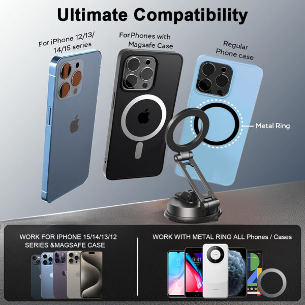 Magnetic Car Phone Mount 360° Adjustable with MagSafe & Metal Ring Compatibility Dashboard Air Vent Holder for iPhone Android All Phones​ - Image 5